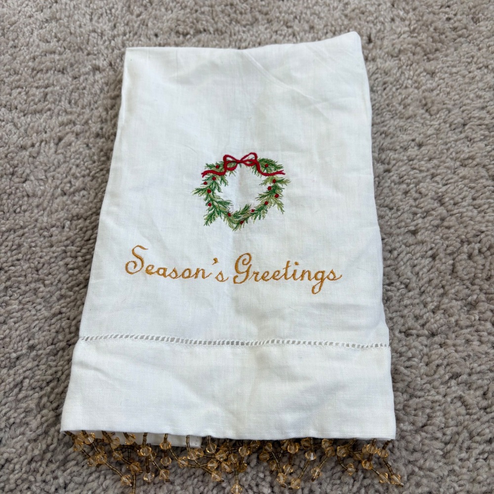 Vintage White Embroidered Wreath Tea Towel‎ Beaded Tassel 21"x 13"